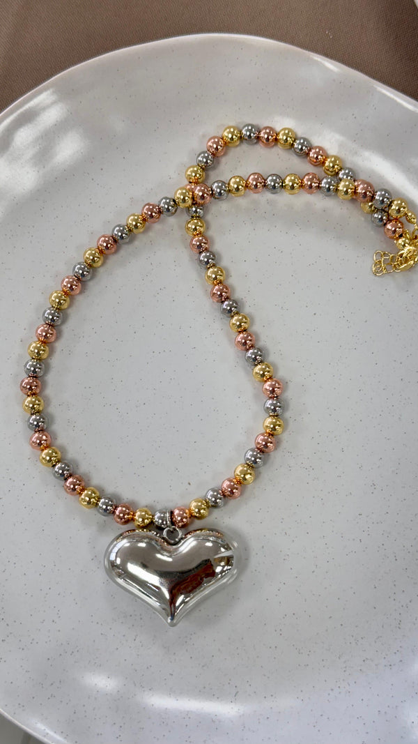 Three Tone Necklace With Bubble Silver Heart