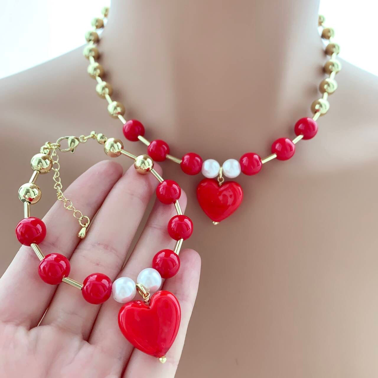 Red Heart With Beads Bracelet