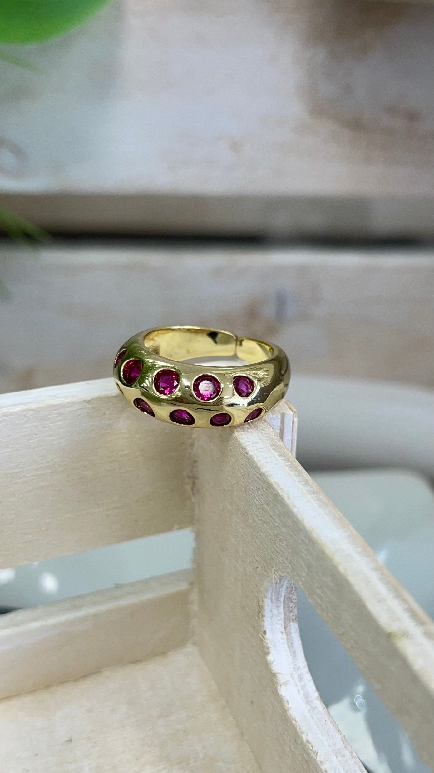 Gold Ring With Circles Fuschia Quartz