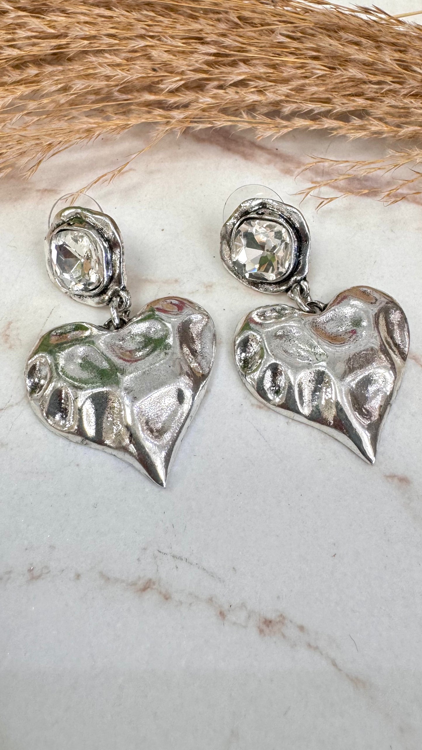 Clear Stone Heart Silver Earrings