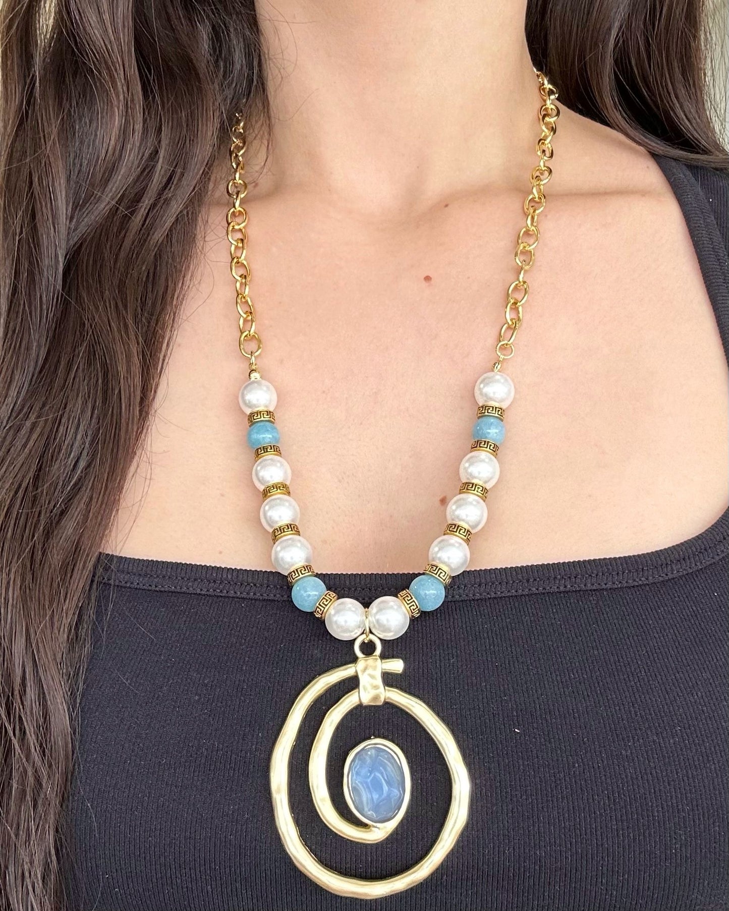 Long Blue Necklace With Pearls