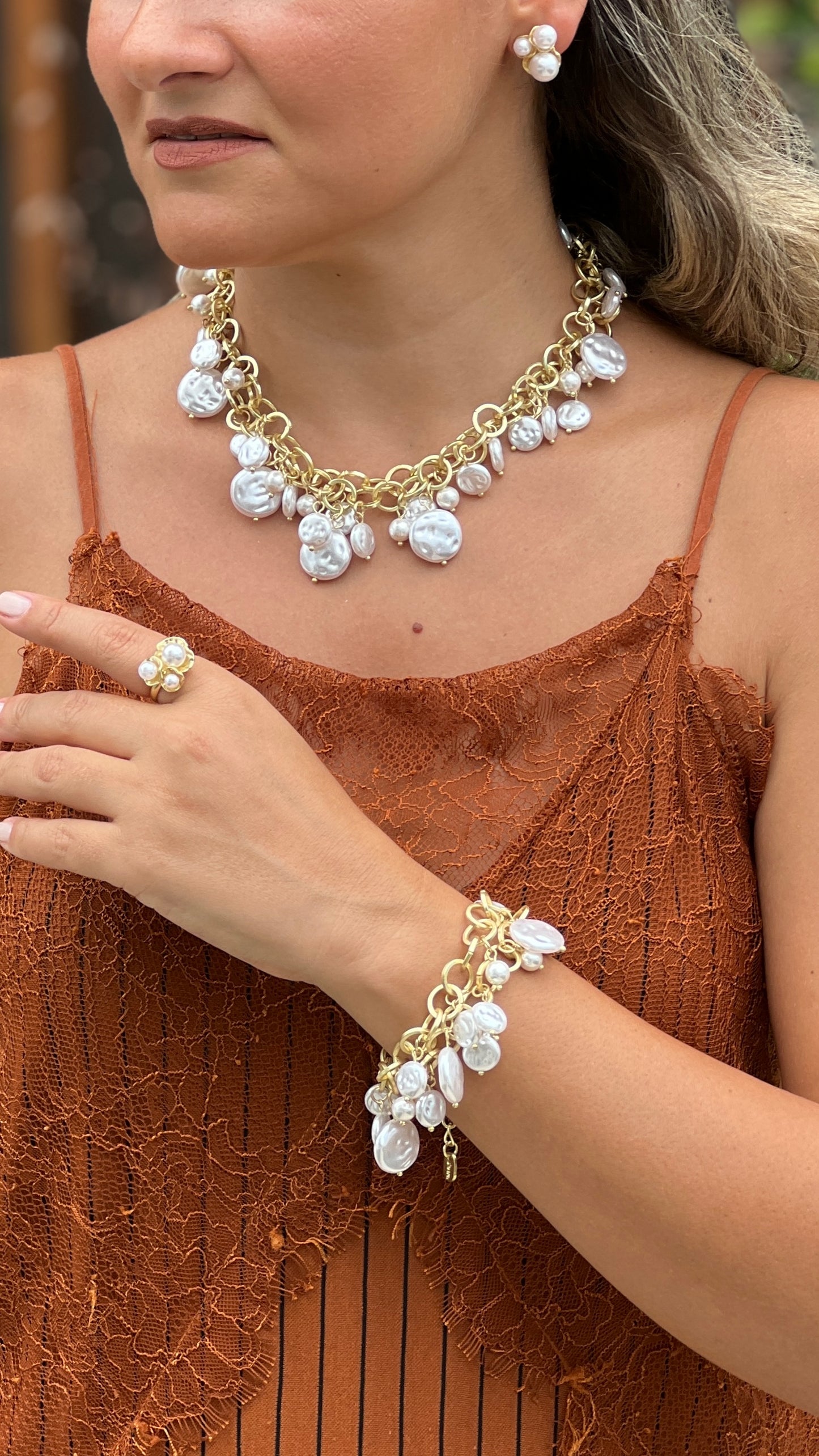 2 Layers With Raw Pearls Gold Bracelet