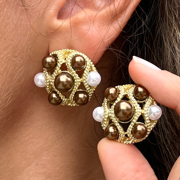 Brown and Pearl Gold Earrings