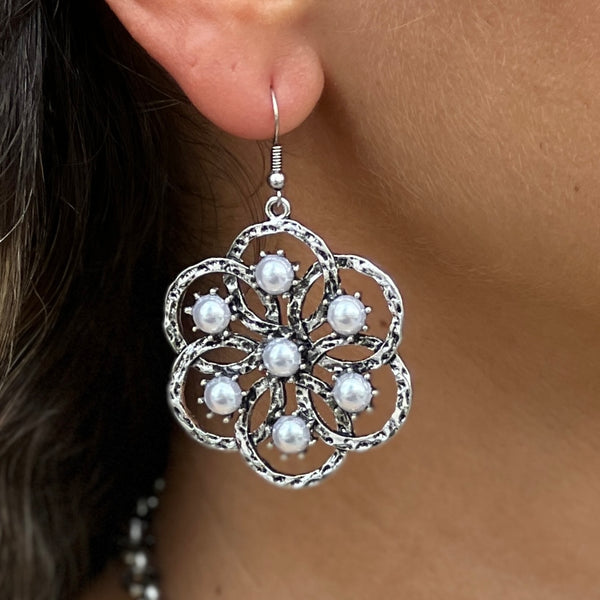 Circular Flower Silver Pearls Earrings