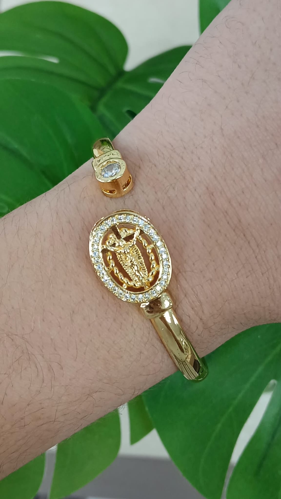 Oval Clear Stones Religious Gold Cuff