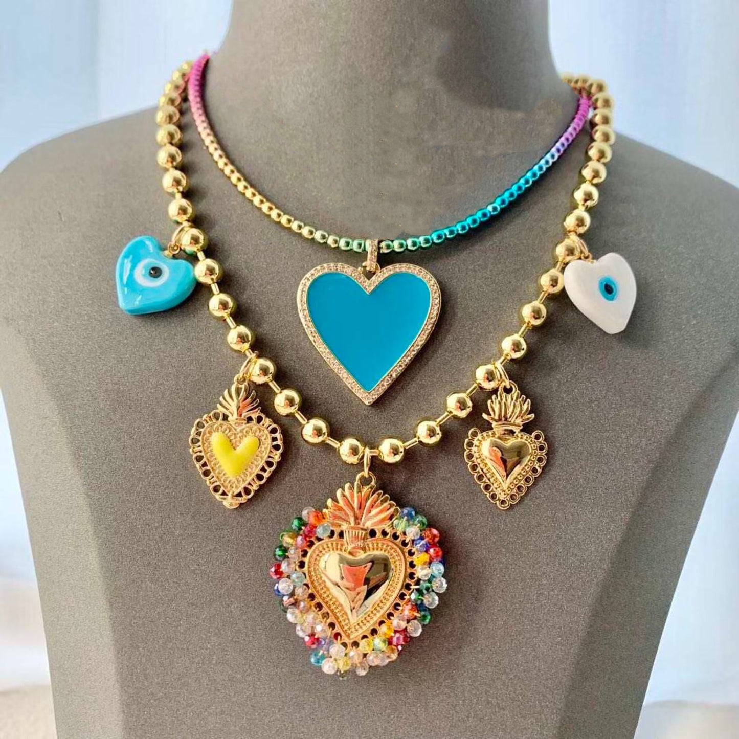 Metal Colorful With Blue Heart Necklace