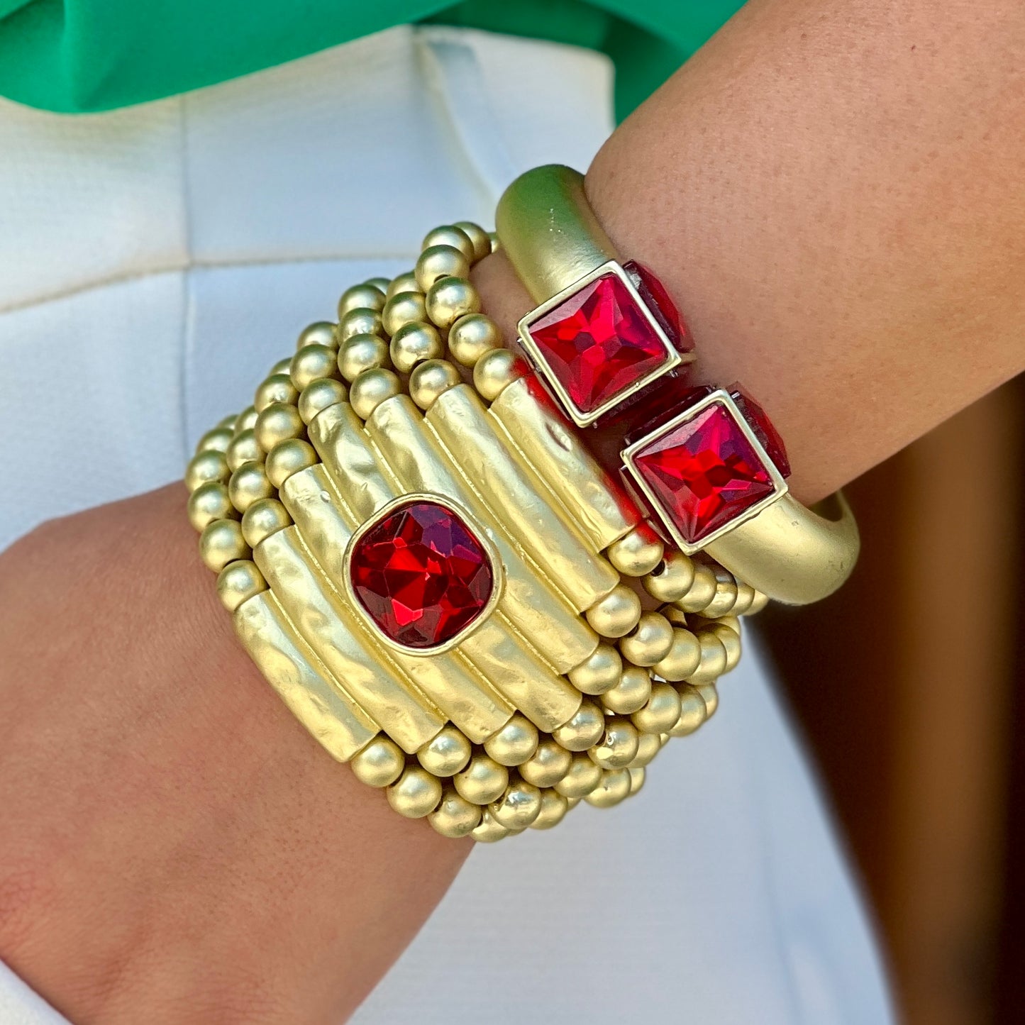 Gold Cuff With 2 Squares Red