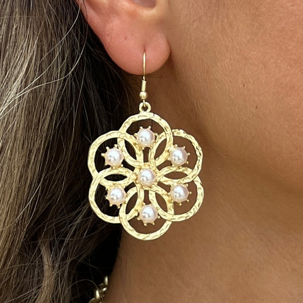 Circular Flower Gold Pearls Earrings