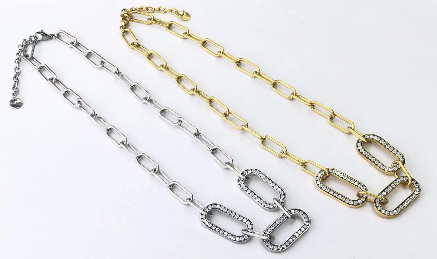 Crystal Oval Chain Gold Necklace