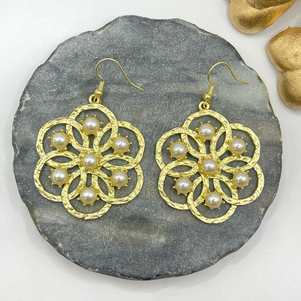 Circular Flower Gold Pearls Earrings