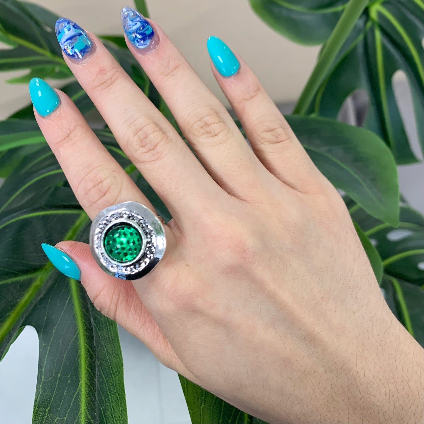 Circular Green Stone Silver Ring