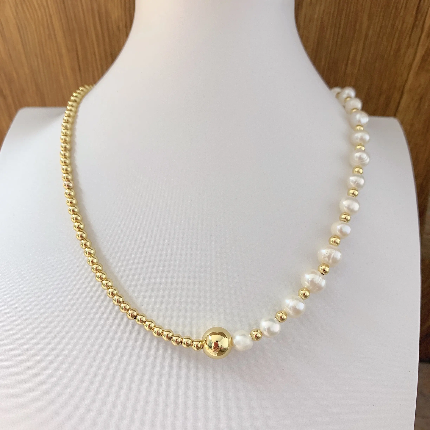 Half Pearl and Globe Gold Necklace