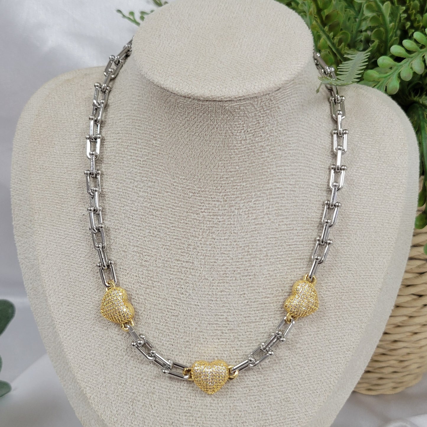 Two Tone Quartz Gold Hearts Necklace