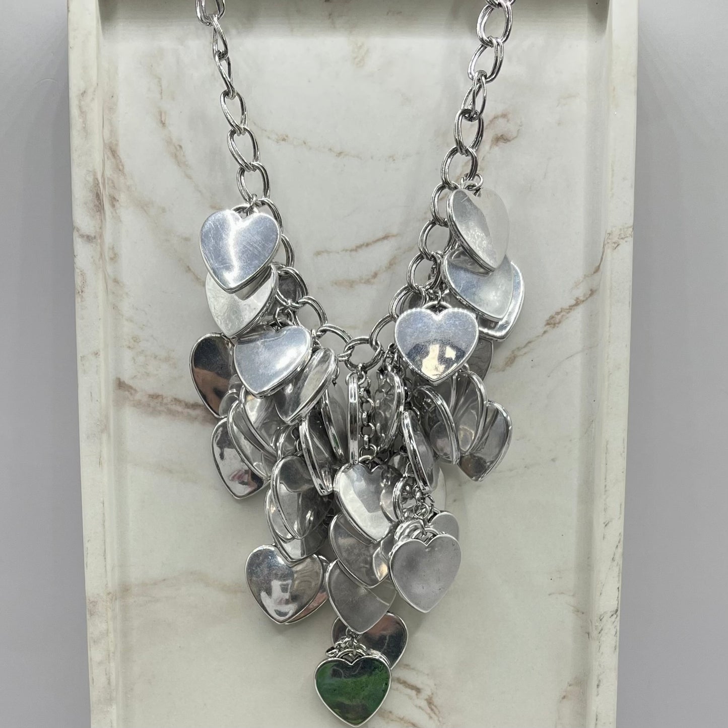 Silver Necklace With Many Hanging Hearts