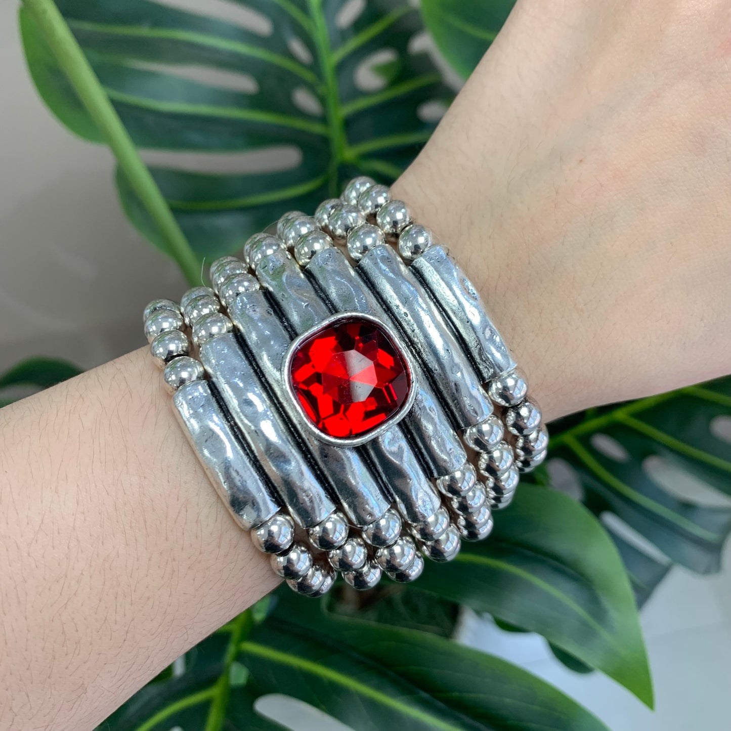 BIG BRACELET WITH 7 LAYER AND RED STONE