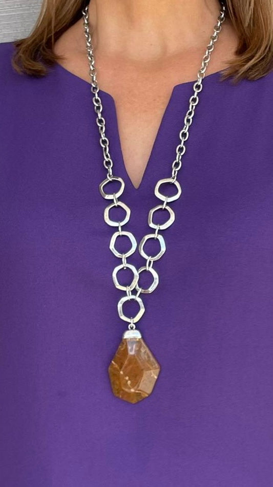 Brown Acry Stone Silver Necklace