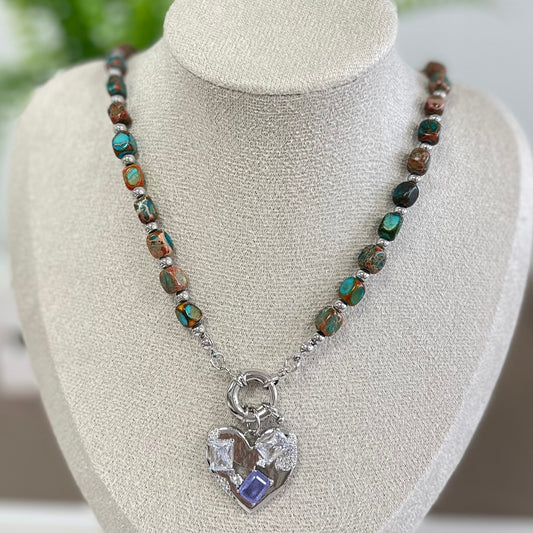 Turquoise and Brown Chain with Silver Heart and Violet Stone