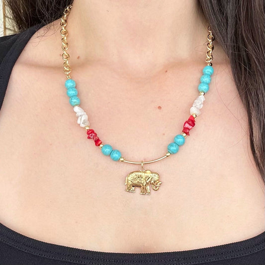 Gold Elephant Necklace Blue and Red