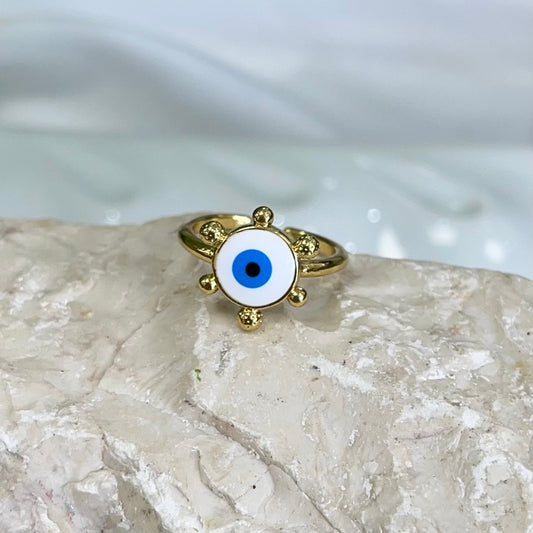 White Circle Evil Eye Gold Ring