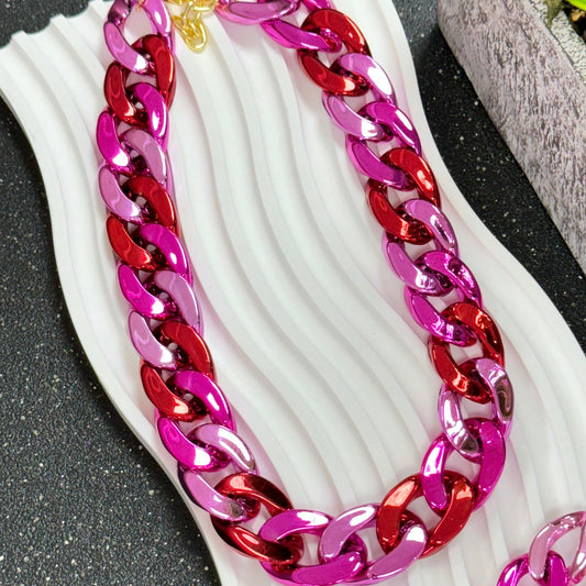 Shiny Red and Pink Link Chain Necklace