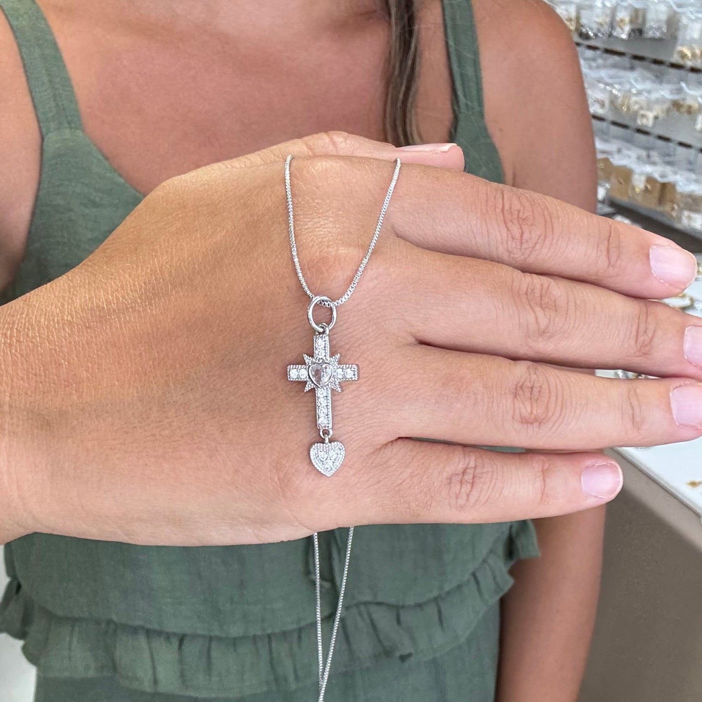 Silver Cross With Hanging Heart