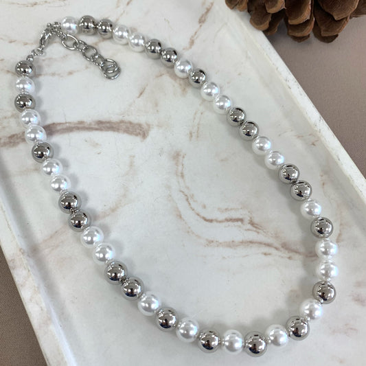 Two Pearl and Two Globe Silver Necklace