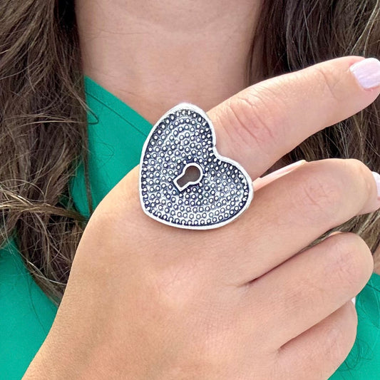 Heart With Lock Key Silver Ring
