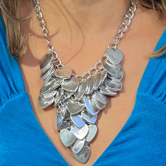 Silver Necklace With Many Hanging Hearts