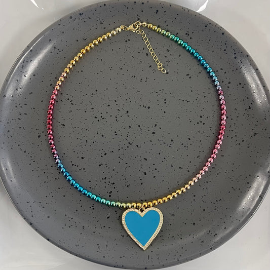 Metal Colorful With Blue Heart Necklace