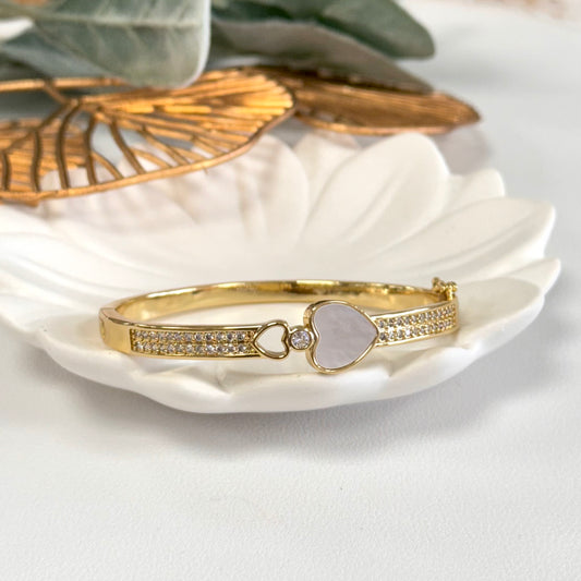 Gold Bangle With Open And White Heart