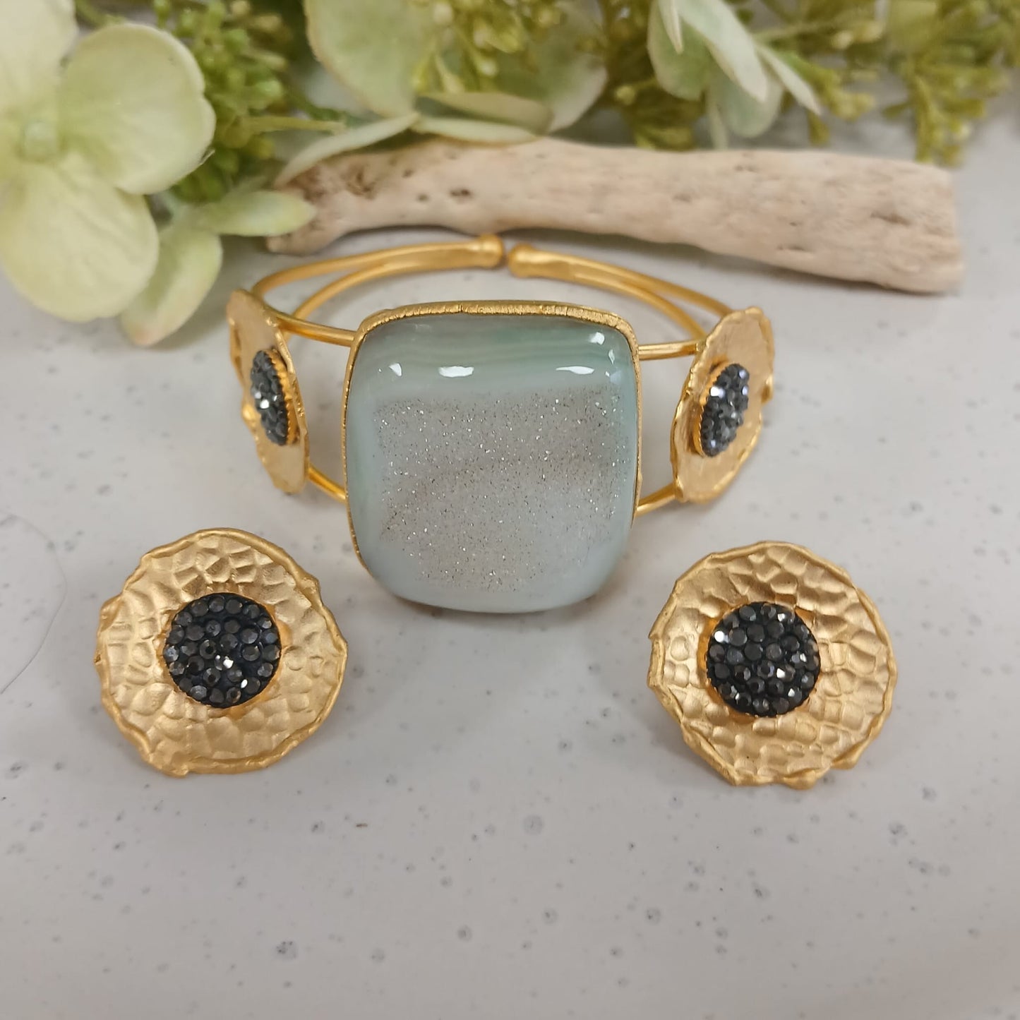 Druzy Natural with Black Swarovski Set