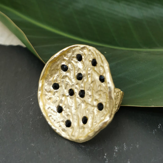 Hammered Base Black Quartz Ring