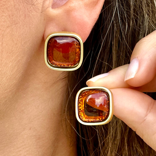 Amber Square Gold Earring