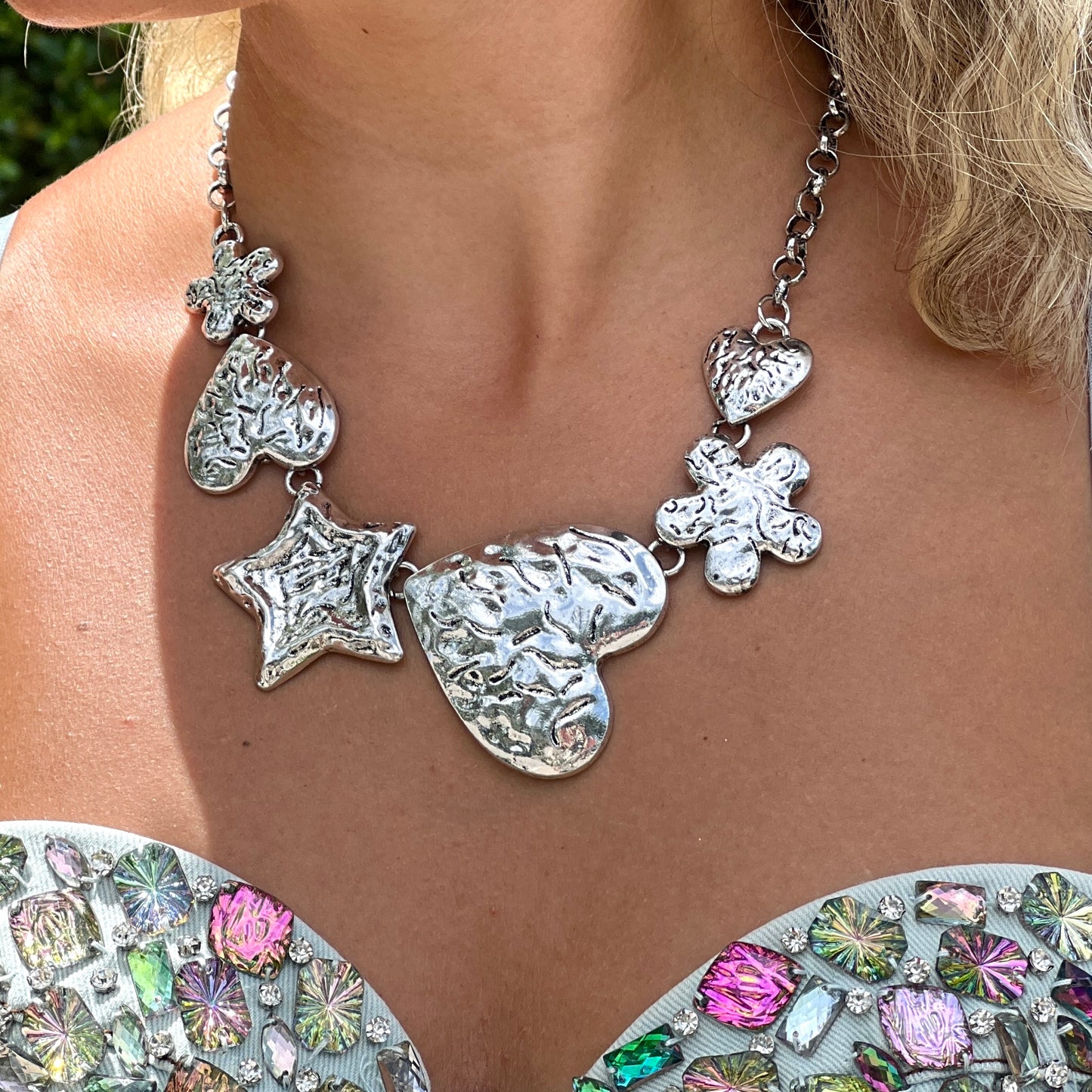 Flower Heart Star Silver Necklace