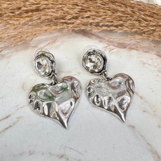 Clear Stone Heart Silver Earrings