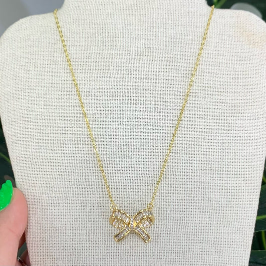 Clear Quartz Bow Gold Necklace