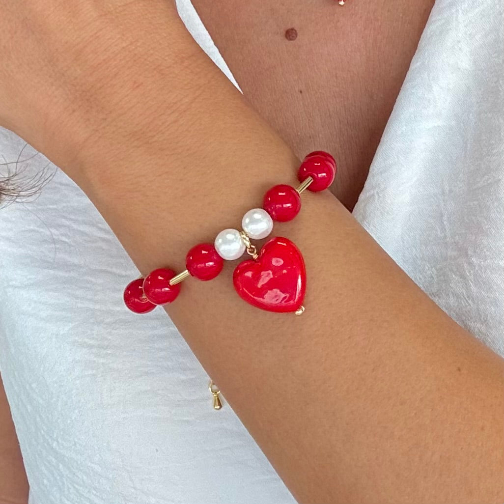 Red Heart With Beads Bracelet