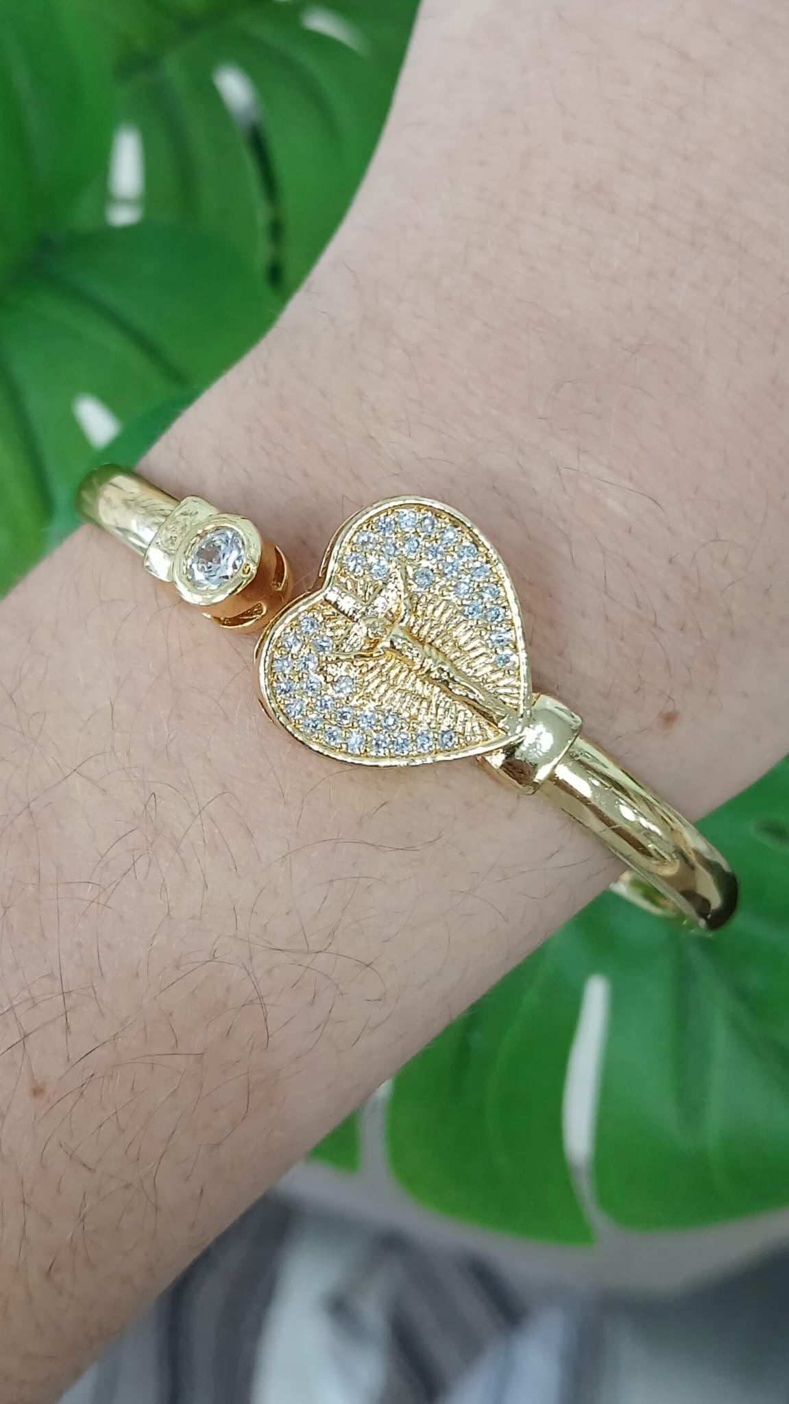 Heart Clear Stones Religious Gold Cuff