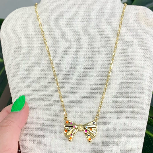 Quartz Colors Bow Gold Necklace