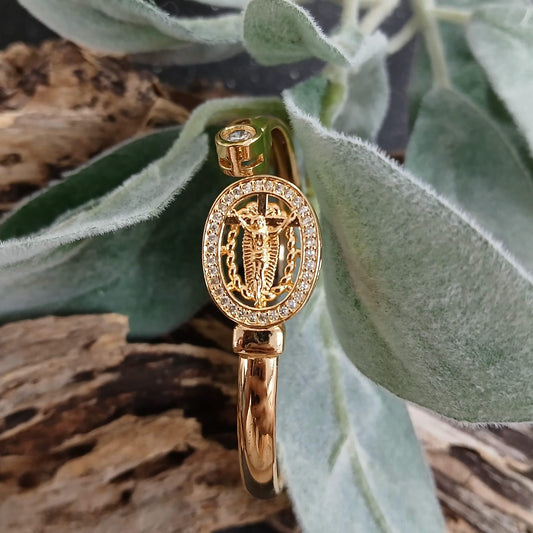 Oval Clear Stones Religious Gold Cuff