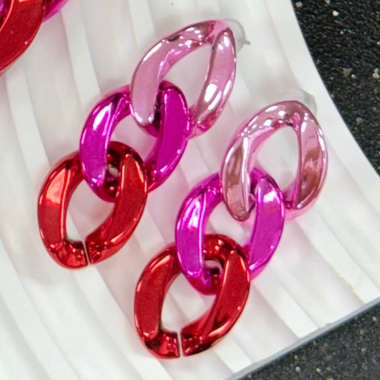 Shiny Red and Pink Link Chain Earrings