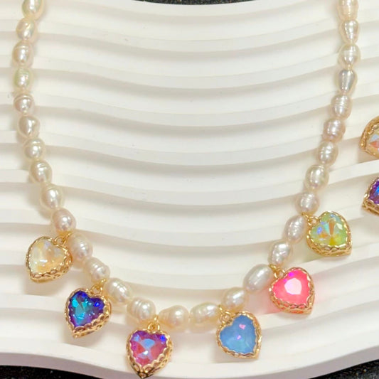 Pearls Necklace With Hearts Colors