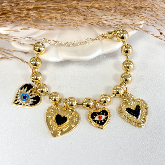 Differents Hearts Charms Black Gold Bracelet