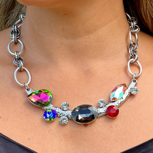 Multicolors Stones Black Silver Necklace