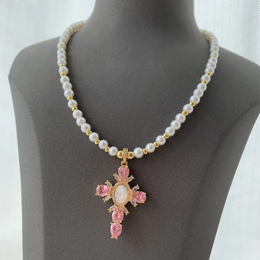 Pink Stones Cross And Pearls Necklace