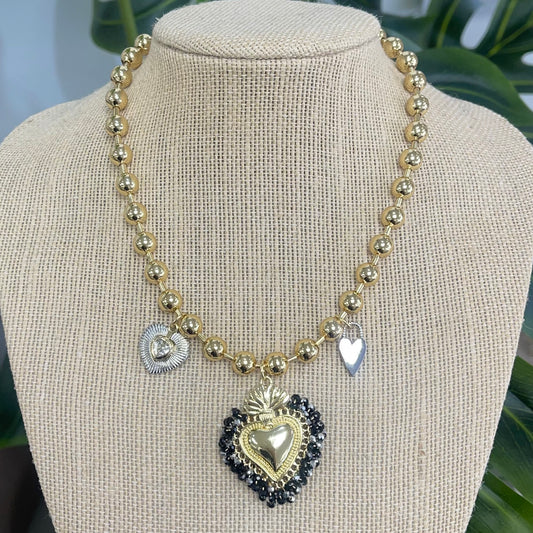 Black Heart With Bubbles Gold Necklace And Pendant
