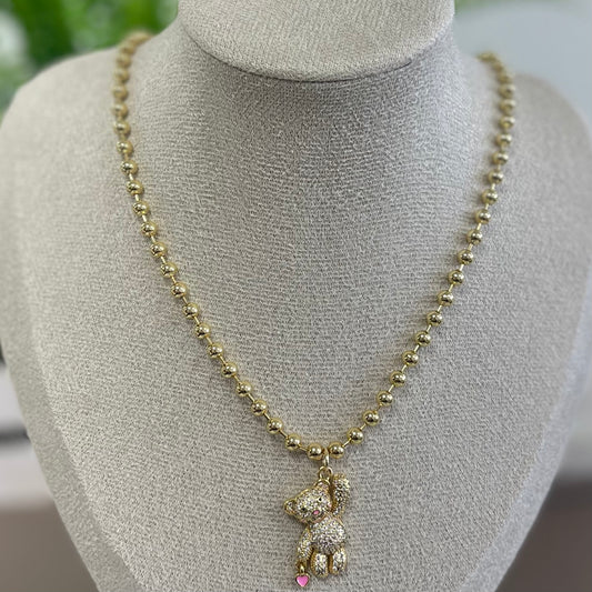 Quartz Teddy With Heart Pink Necklace