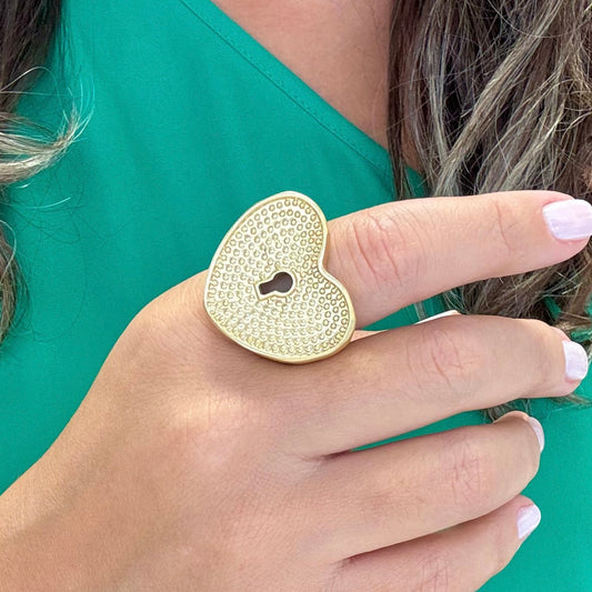 Heart With Lock Key Gold Ring