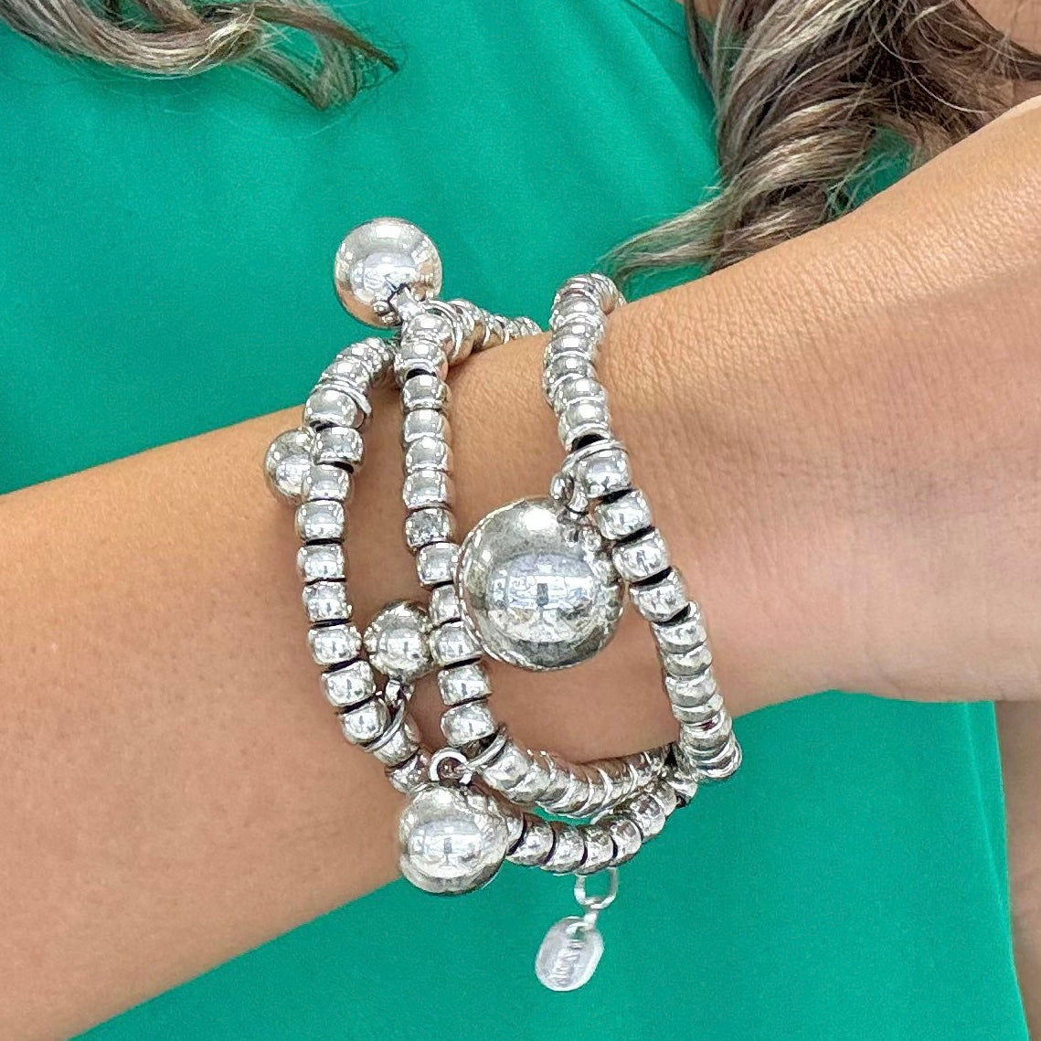 Three Layers With Balls Silver Bracelet