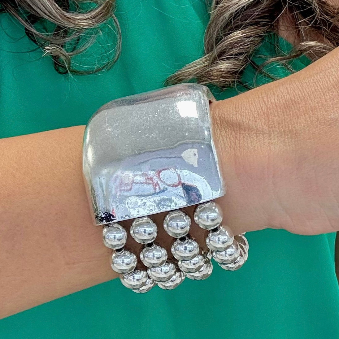 Half Plain And Layers Elastic Silver Bracelet